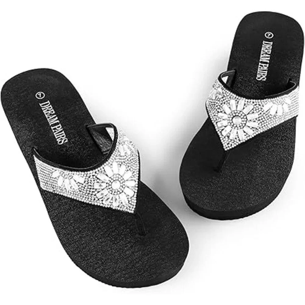 Dream Pairs Womens Size 7 Black Silver Rhinestone Platform Flip Flop Sandals - Picture 4 of 7